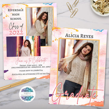 colorful artistic high school college graduation announcement invitations with space for 3 photos